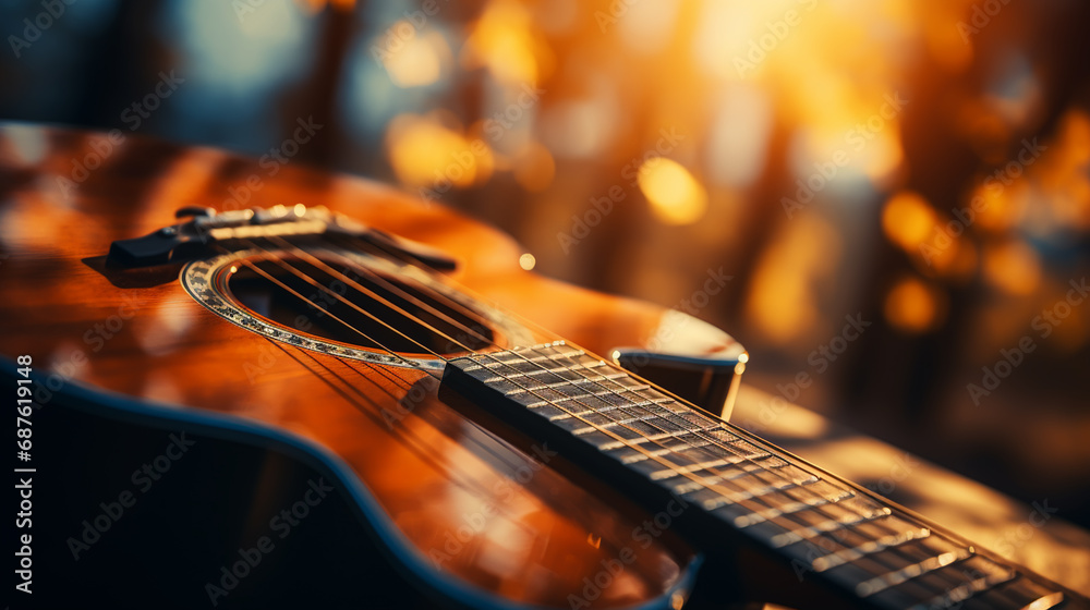 Fototapeta premium Classical guitar close up, dramatically lit on a black background with copy space