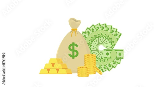 Bag of money animation. 2D flat animated template for advertising