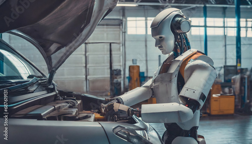 Humanoid robot fixing car