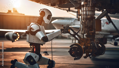 Humanoid robot making aviation repairs