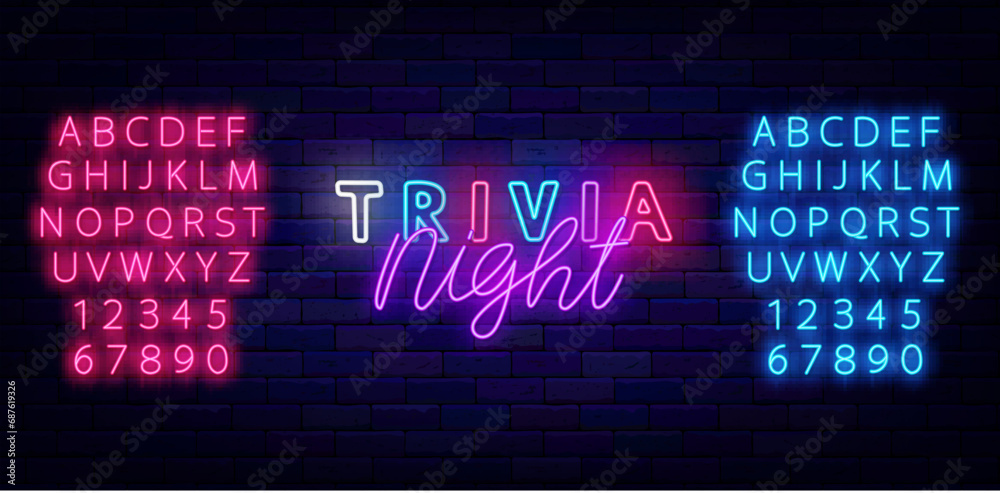 Trivia night neon label. Colorful handwritten text. Quiz time. Shiny pink and blue alphabet. Vector stock illustration Trivia night neon label. Colorful handwritten text. Quiz time. Shiny pink and blue alphabet. Vector stock illustration