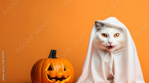 Halloween cat in a ghost costume on dark gray background. Funny cat in a Halloween costume with pumpkin.