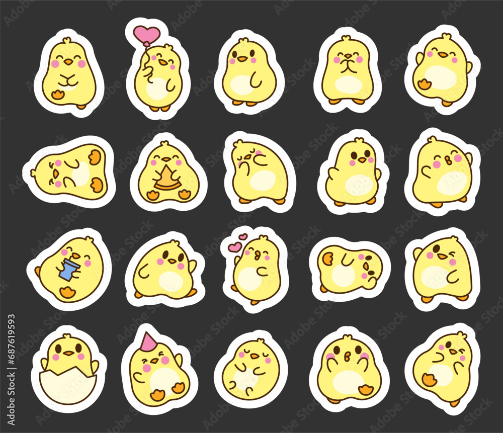 Fototapeta premium Cute little kawaii baby chicken. Sticker Bookmark. Kawaii chicks in different poses. Cartoon characters. Hand drawn style. Vector drawing. Collection of design elements.