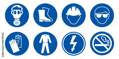 Set of safety equipment signs. Mandatory construction and industry signs. Collection of safety and health protection equipment. Protection on work. Vector illustration.