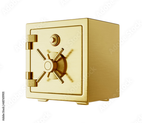 Closed golden safe isolated on a white background. In perspective. Wealth concept. 3D render