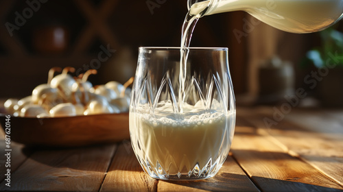 Pouring milk in glass from a bottle on a wooden neutral background with space for text, copy space.