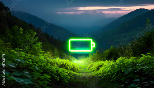 A glowing green battery icon in a mystical mountainous landscape © Tim Bird