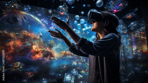 Person wearing VR glasses, linked to the metaverse. Integration into a digital reality of boundless possibilities