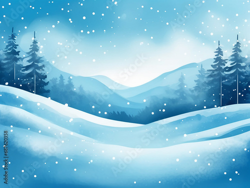 Watercolor background, winter landscape with fir trees and snow, watercolor style. Background for design. Copy paste.