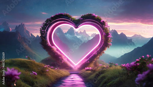 Glowing mystical round heart shaped frame portal in mountainous landscape photo