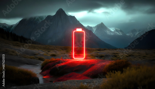 A glowing red battery icon in a mystical mountainous landscape