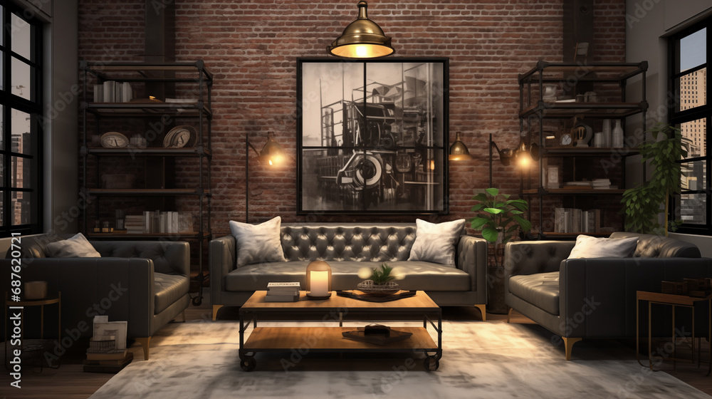 Chic Urban Loft Living Room with Exposed Brick and Leather Couches - obrazy, fototapety, plakaty 
