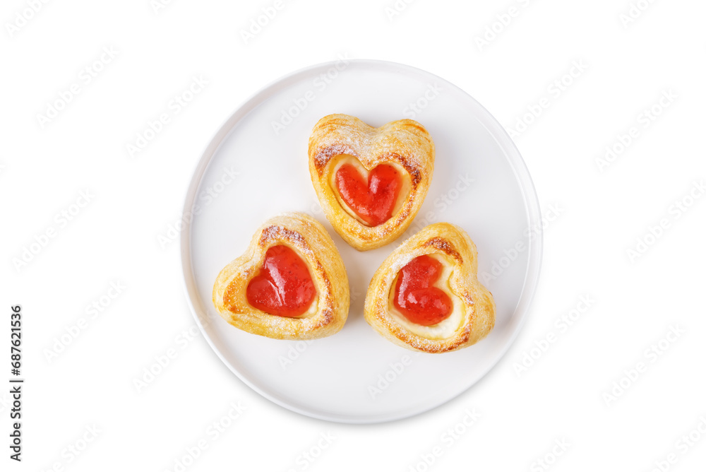 Strawberry jam cream cheese puff cake danish on a white isolated background