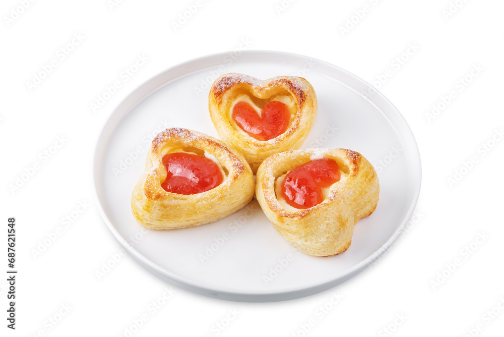 Strawberry jam cream cheese puff cake danish on a white isolated background Strawberry jam cream cheese puff cake danish on a white isolated background