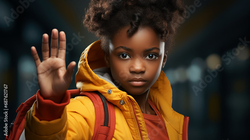 Portrait of kid doing stop sing with palm of hand. Warning expression with negative and serious gesture on face. People emotion lifestyle concept photo