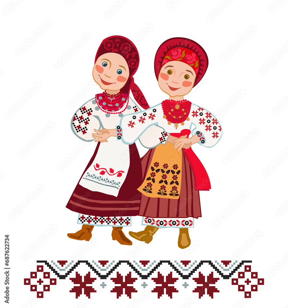 Two women in the Ukrainian national costumes dance