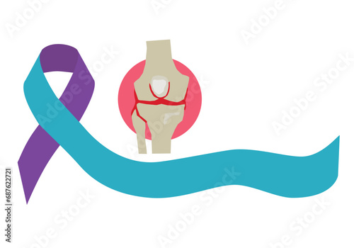 Two-tone blue and purple ribbon symbolizing attention to problem of people with rheumatoid arthritis. RA Awareness Day is Rheumatoid Arthritis Awareness Day and observed on 2 February to spread awaren