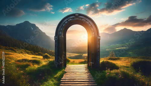 Mystical frame portal in mountainous landscape