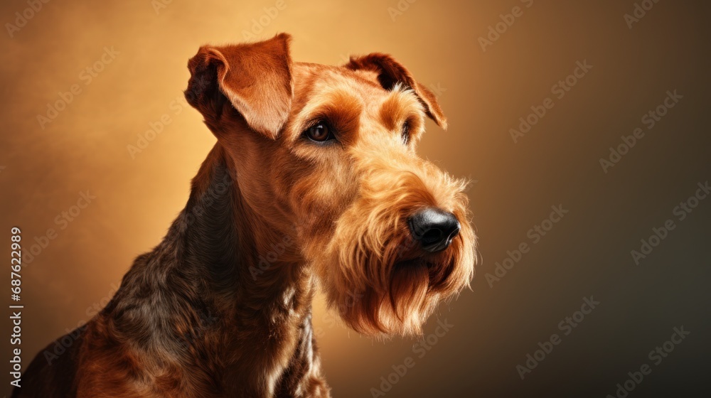 Portrait of an Airedale terrier in close-up with a dog's gaze on a dark background. Demonstration of the distinctive features of the breed and personality.