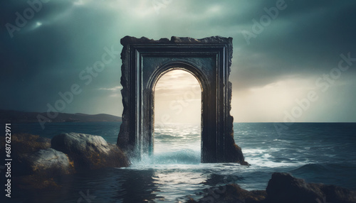 Mystical glowing portal door entrance on night beach