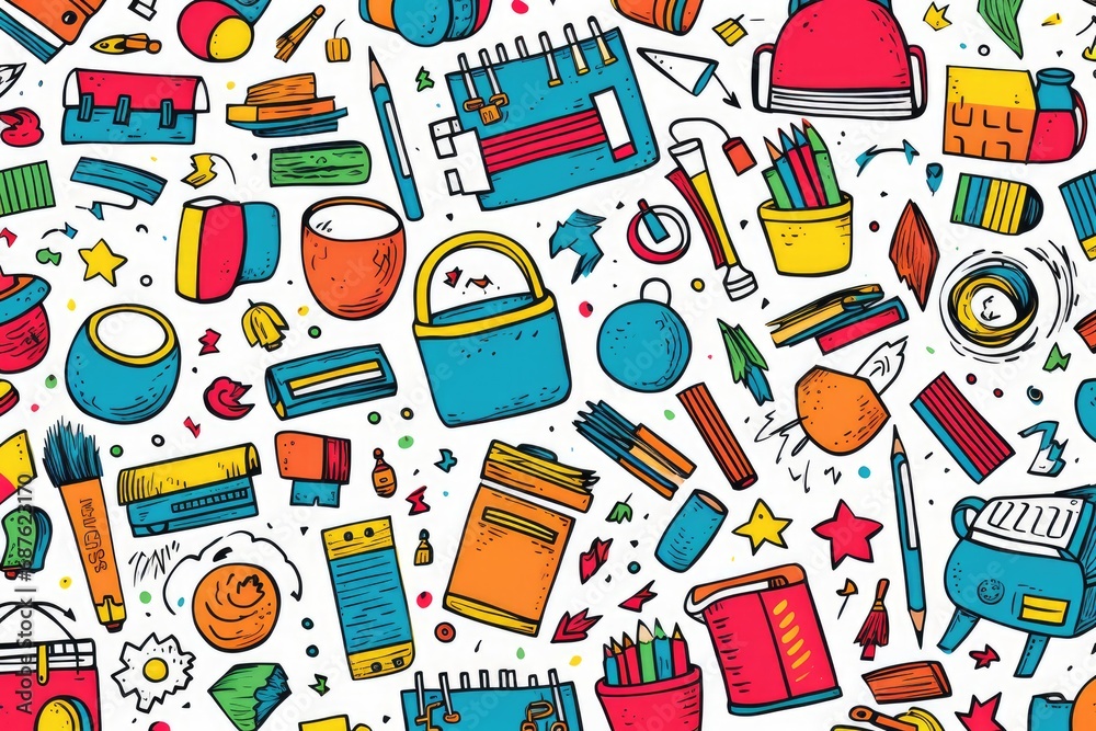 Back to school doodle seamless pattern. Vector illustration with school supplies, Back to school doodle seamless pattern, Hand-drawn background with school supplies and creative, AI Generated