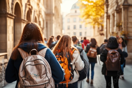 Back view of a group of young people with backpacks walking in the street, Back view of a group of students with backpacks walking on the street, A group of high school kids, AI Generated photo