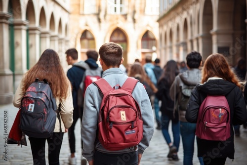 Back view of a group of young people with backpacks walking in the city, Back view of a group of students with backpacks walking on the street, A group of high school kids with, AI Generated photo