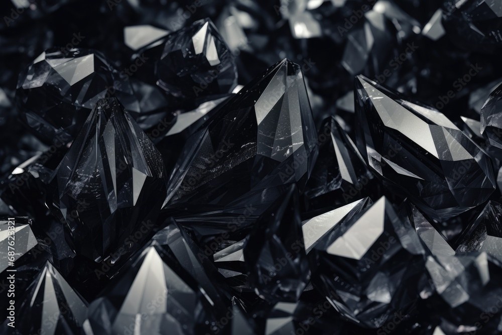 Macro shot of a group of faceted diamonds on black background, Abstract black crystal background, 3D render, AI Generated Macro shot of a group of faceted diamonds on black background, Abstract black crystal background, 3D render, AI Generated