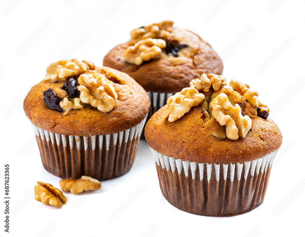 Walnut muffins isolated on white background, cut out
