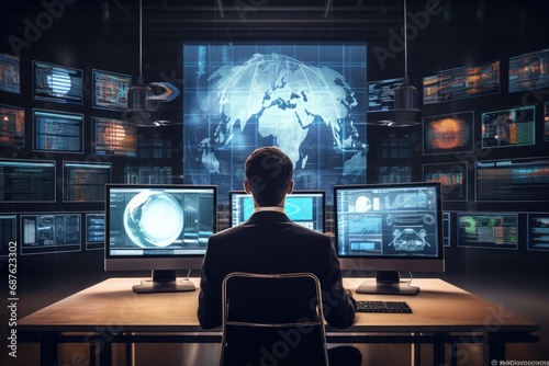 Rear view of businessman sitting at desk in office and looking at hologram screen, Back view of a businessman working with a virtual panel and infographs in the background, AI Generated