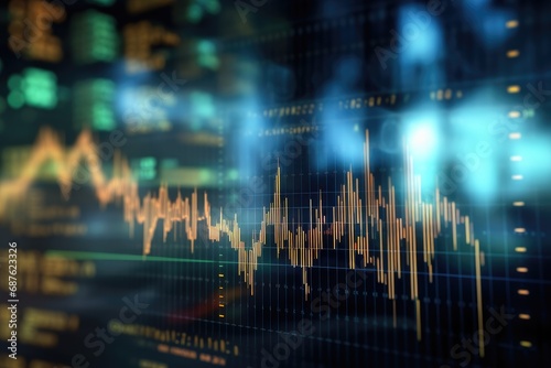 financial stock market graph on technology abstract background. Finance and investment concept, Abstract stock market data on a digital screen, closeup with selective focus and bokeh, AI Generated