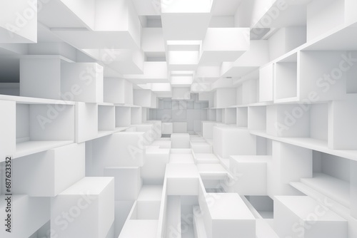 Abstract white interior background with empty shelves. 3d render illustration  Abstract white geometric background  3D render  AI Generated