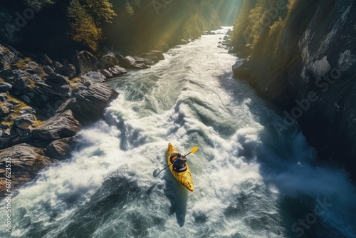 Aerial view of a woman kayaking in the middle of a mountain river, Aerial top view of extreme sport kayak sailing down a mountain river with sunlight, AI Generated