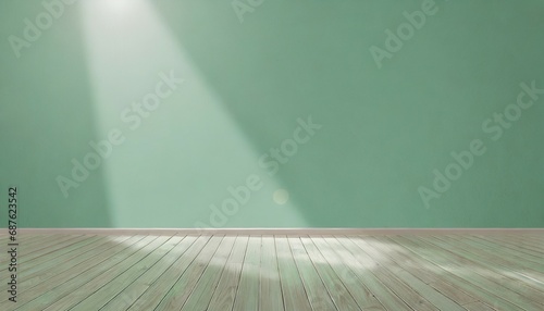 light green serenity interior background with glare on empty wall and wooden floor product presentation background
