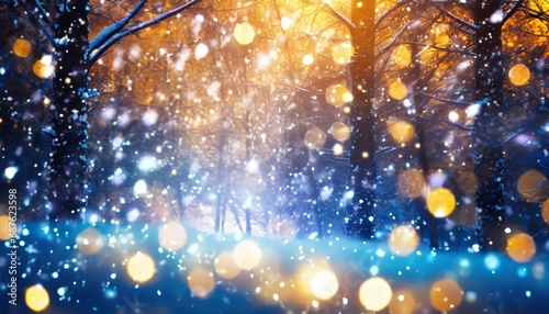 beautiful snowy forest and abstract shiny light background