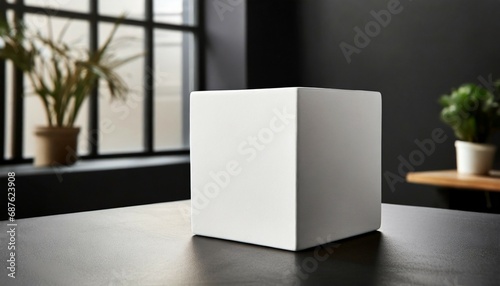 white cube empty for product demonstration or mock up on a dark table in office interrior generated ai trendy neutral aesthetic stand photo
