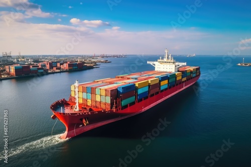 Container Cargo freight ship with working crane bridge for Logistic Import Export background, Aerial view of a container ship or cargo shipping business logistic import and, AI Generated