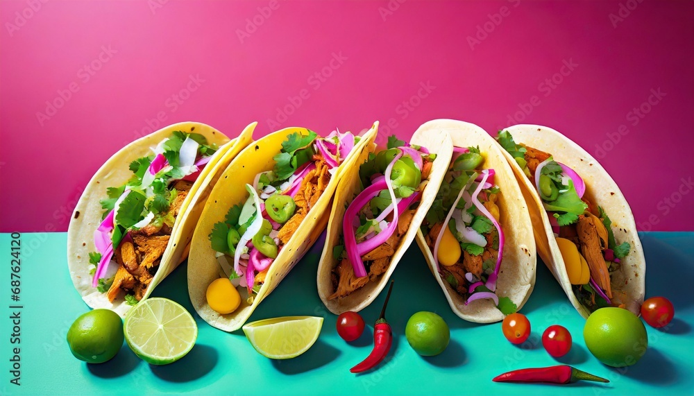close up of many mexican tacos on a vibrant pink background created with ai generative tools