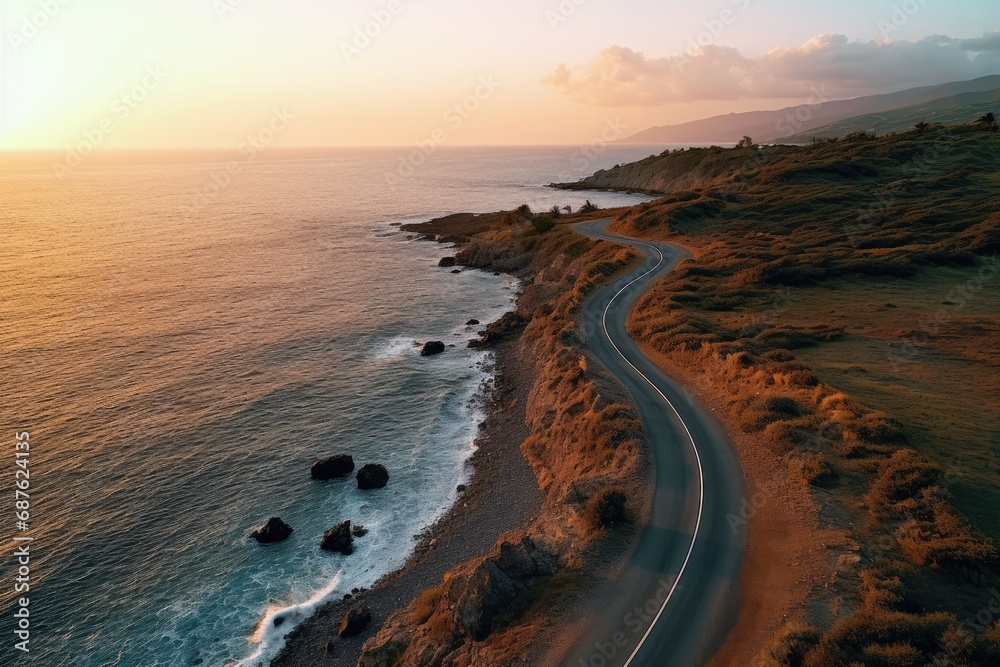 Aerial view of a road leading to the ocean at sunset, Aerial view of a road along the sea at sunset, AI Generated