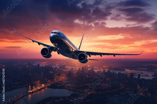 Airplane in the sky over the city at sunset. 3d render, Airplane in flight at twilight with a blurred cityscape, AI Generated