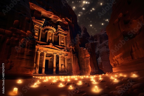 The ancient city of Petra in Jordan at night, with candles, Al Khazneh in Petra, Jordan, at night, AI Generated photo