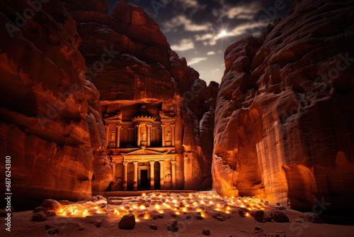 Al Khazneh temple in Petra, Jordan at night, Al Khazneh in Petra, Jordan, at night, AI Generated