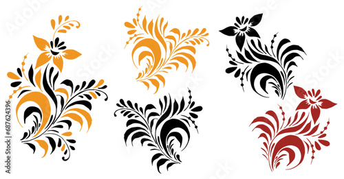 Several elements of patterns and ornaments in the Old Russian style. Vector sprigs of flowers and leaves. For cards, fabric, textiles, advertising, clothing, packaging. photo