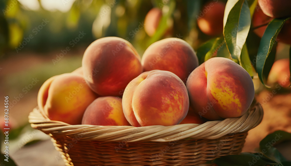 Freshly picked ripe peaches in basket on a farm