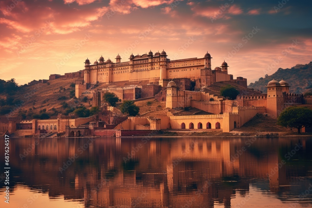 Amber Fort in Jaipur, Rajasthan, India, Amber Fort and Maota Lake, Jaipur, Rajasthan, India, AI Generated - obrazy, fototapety, plakaty 