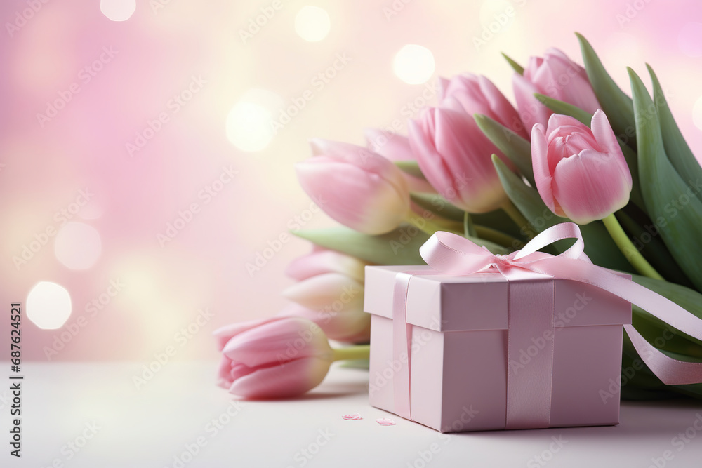 Bouquet of tulips and gift box on pink background Bouquet of tulips and gift box on pink background