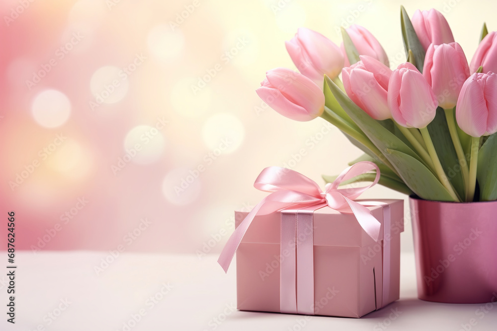 Bouquet of tulips and gift box on pink background