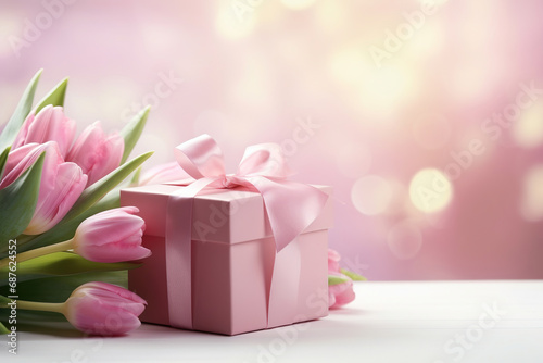 Bouquet of tulips and gift box on pink background