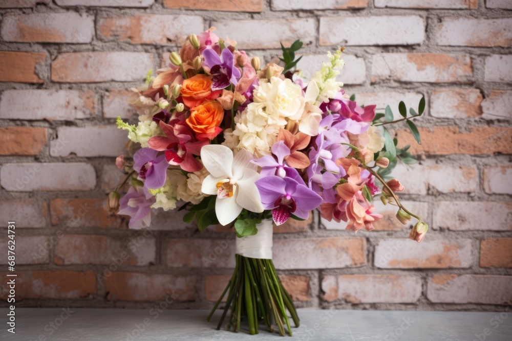 Fresh Flowers Arrangement Against Brick Wall. Colorful Bouquet of Roses, Orchids, Freesia, Eucalyptus Leaves and Tree Branches. Beauty in Bloom