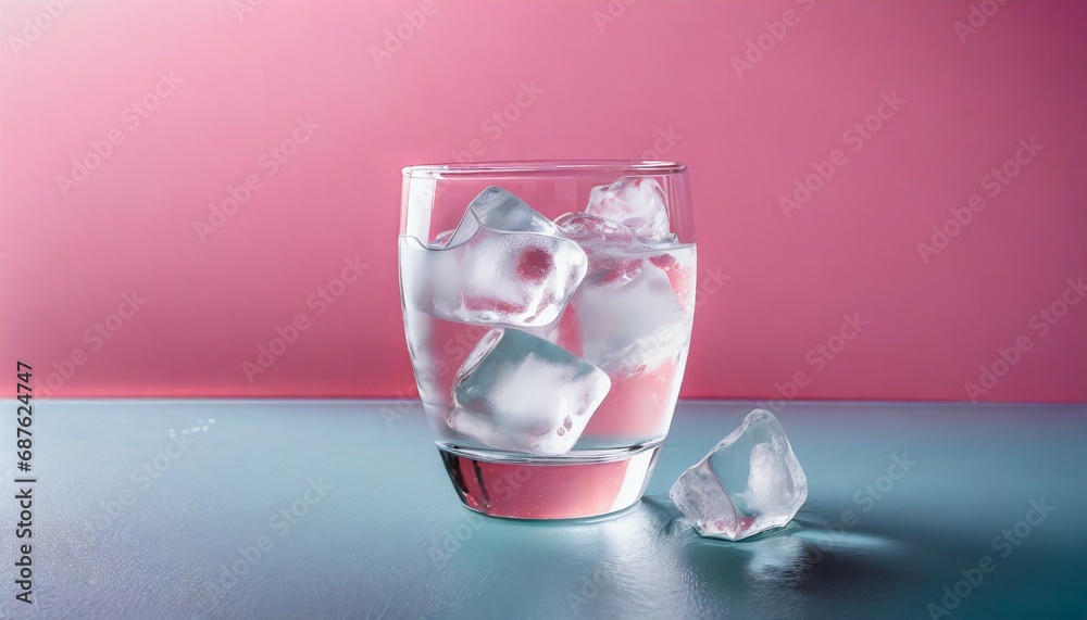 glass of water with ice standing on pink background top view isolated glass of water with ice standing on pink background top view isolated